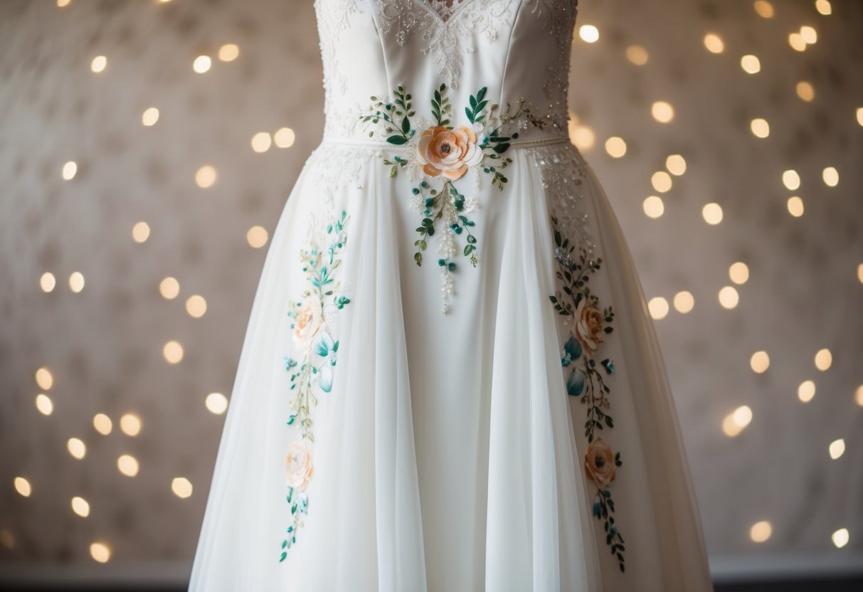A plain wedding dress adorned with hand-painted floral designs, delicate lace appliqués, and sparkling beaded embellishments