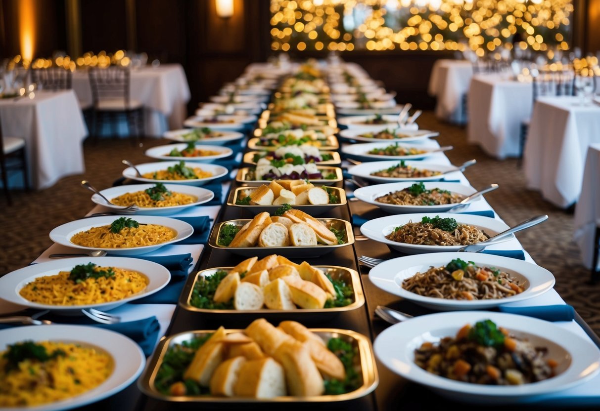 A long buffet table filled with a variety of dishes and platters, enough to feed 40 guests. The table is elegantly set with plates, cutlery, and napkins
