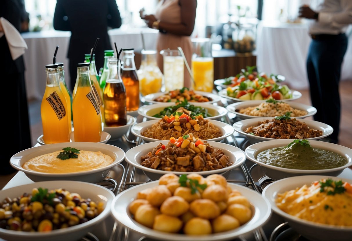 A buffet table with a variety of beverages and accompaniments, along with a spread of food to serve 40 guests