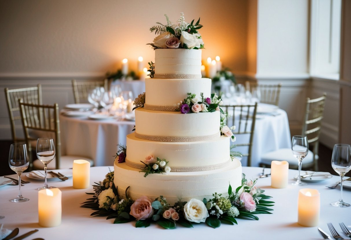 A tiered wedding cake with intricate floral decorations sits on a table surrounded by elegant table settings and soft candlelight