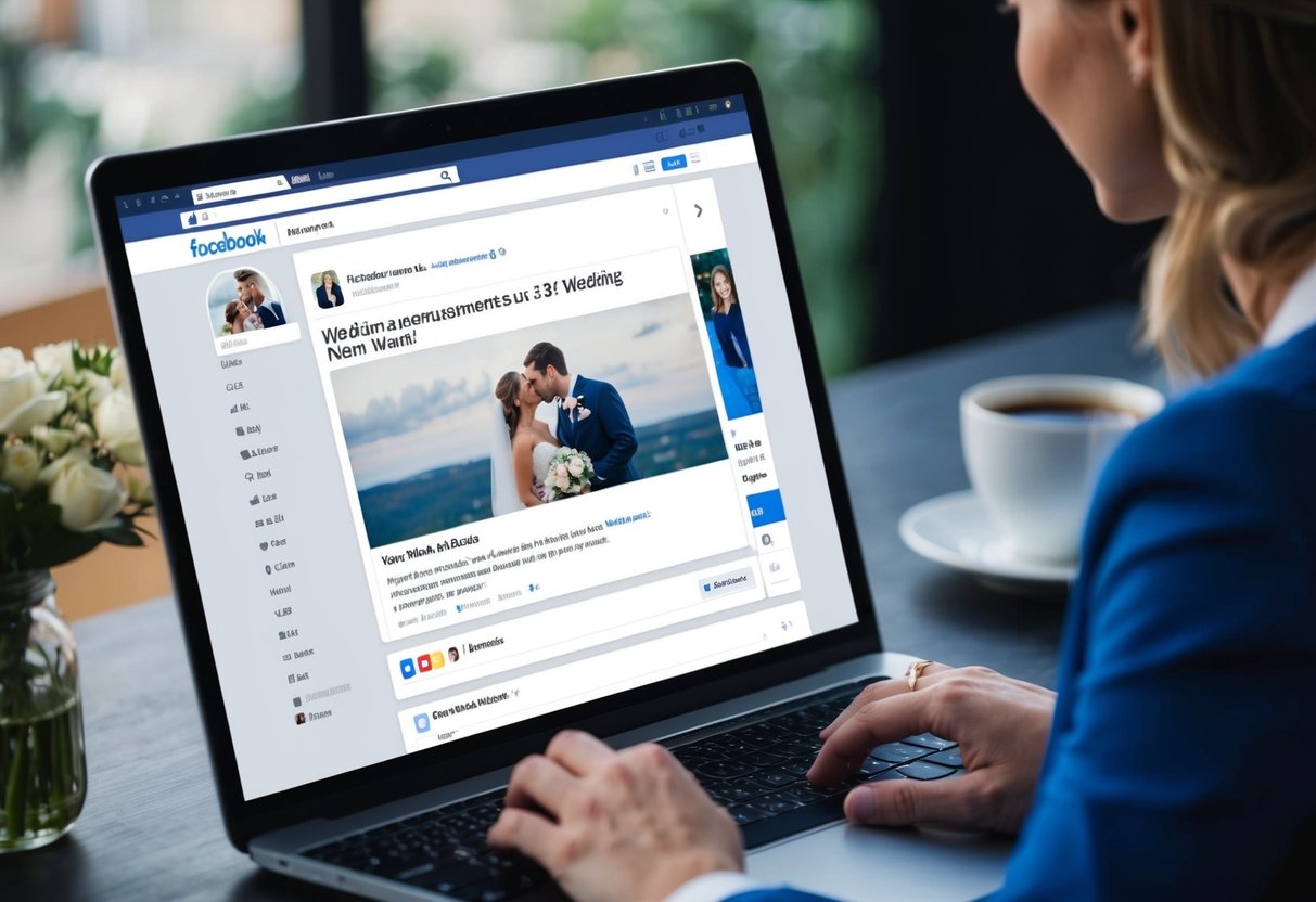 A computer screen with a Facebook newsfeed open, showing a wedding announcement post with likes and comments