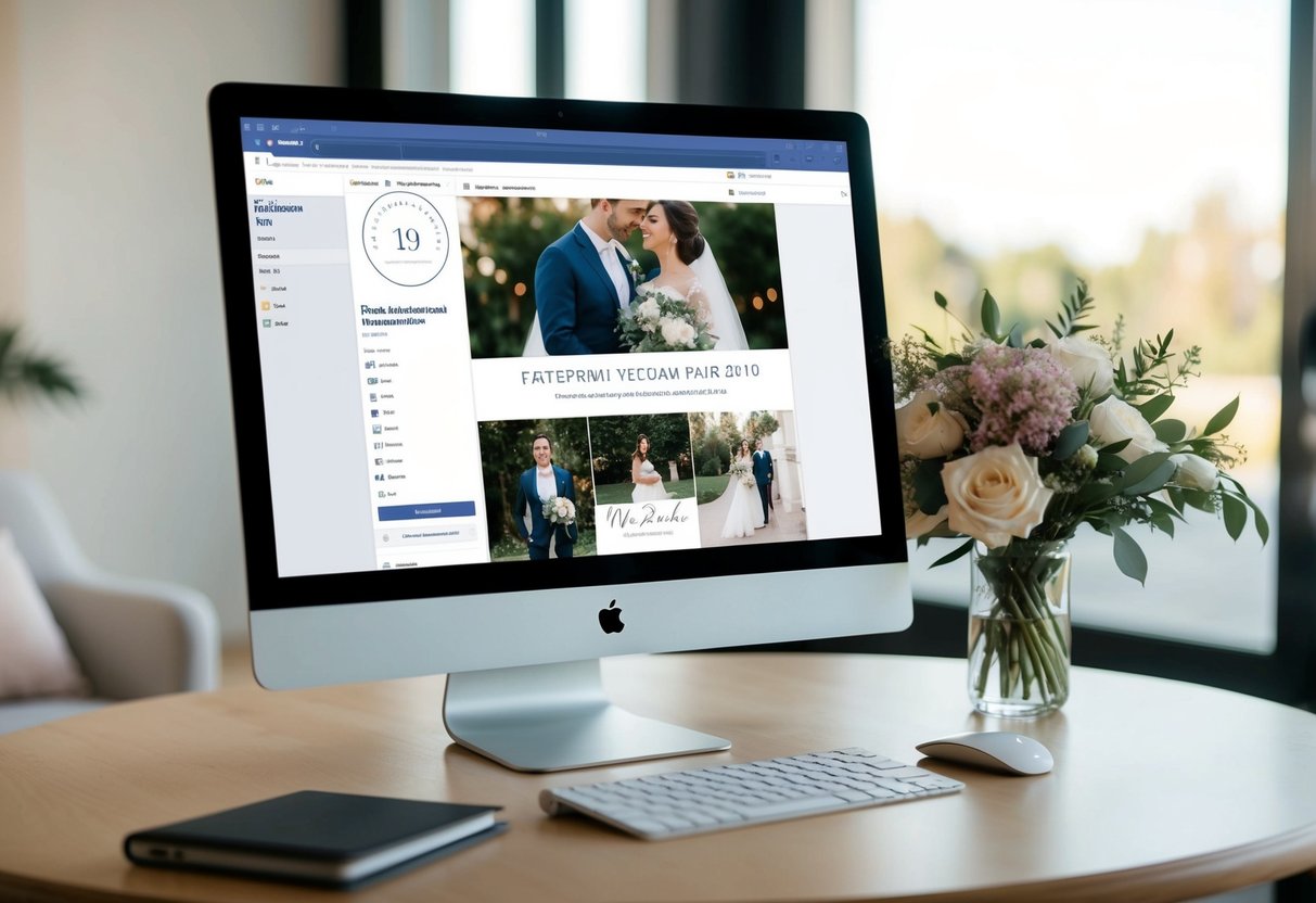 A computer screen with a Facebook event page open, showing a stylish wedding announcement with elegant design and engagement photos