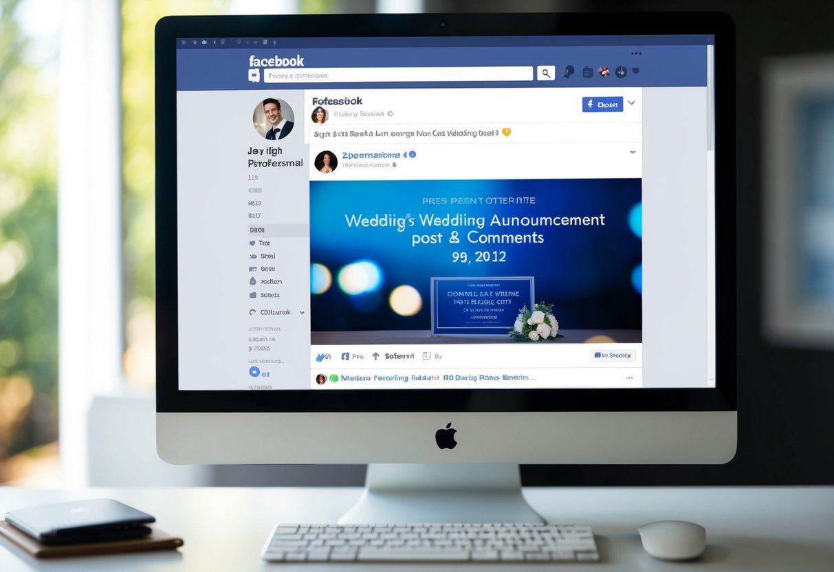 A computer screen with a Facebook newsfeed open, showing a wedding announcement post with likes and comments
