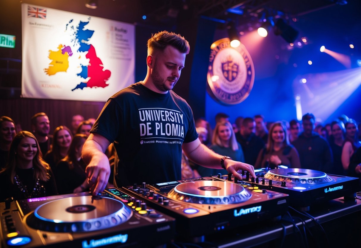 A DJ performing in a crowded nightclub in the UK, with a map of the country and a university diploma in the background