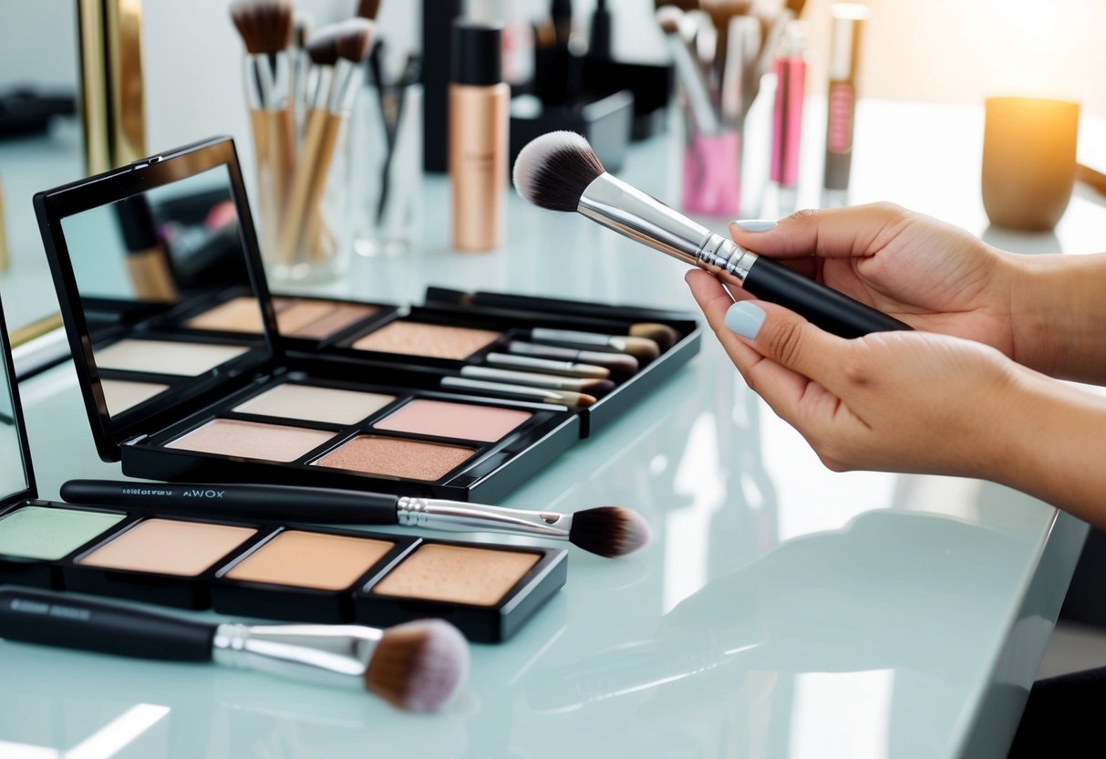 A makeup artist's hand holding a brush, with various makeup products and tools laid out on a clean, organized work surface