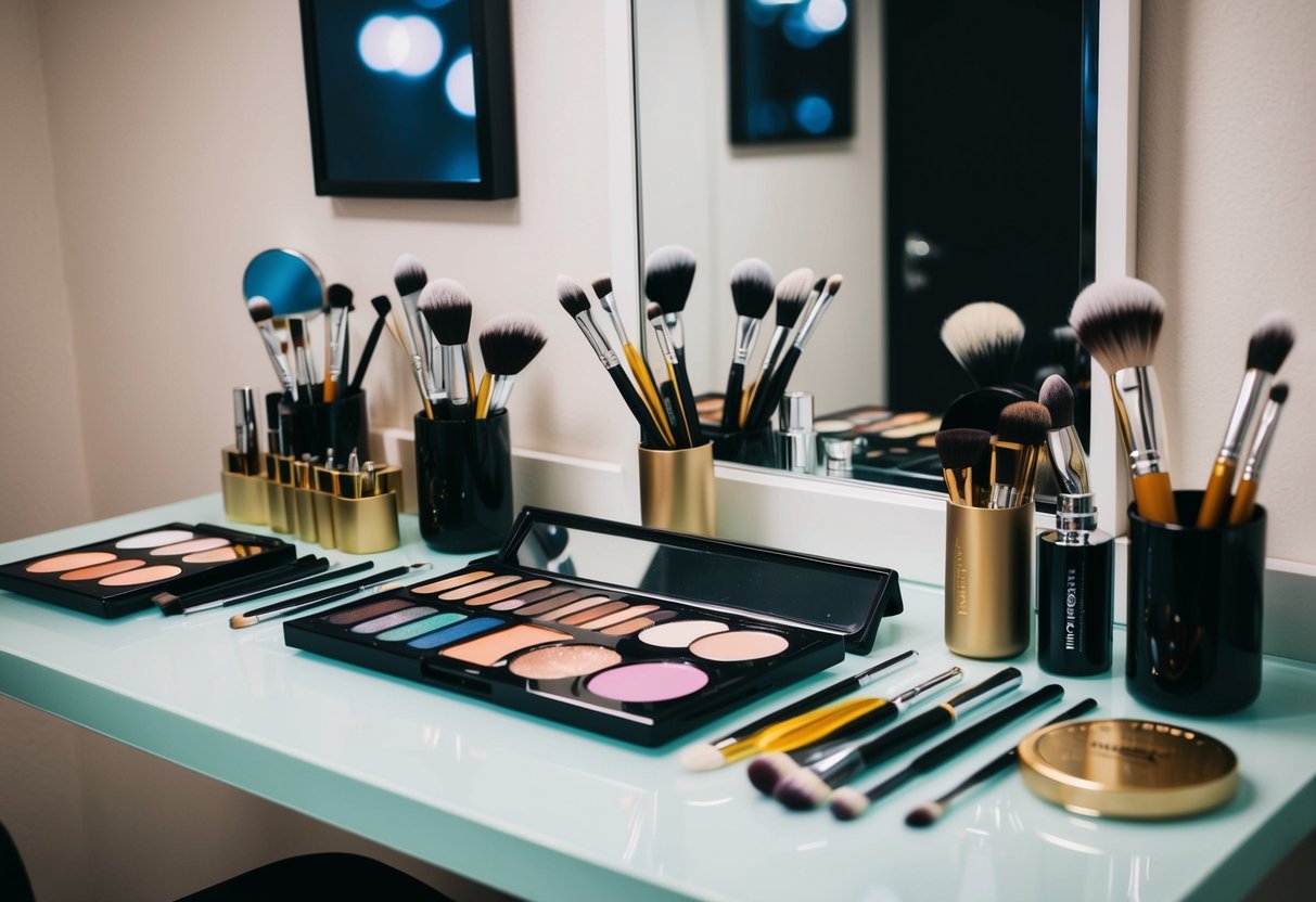 A makeup artist's work station with various brushes, palettes, and tools laid out on a clean, organized surface. A mirror reflects the artist's attention to detail