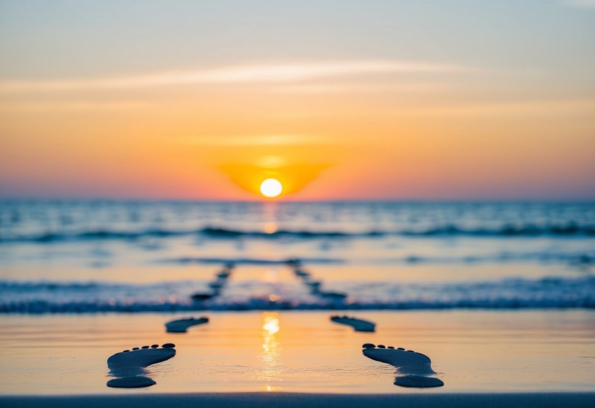 A serene sunset over a peaceful beach with two sets of footprints leading towards the horizon