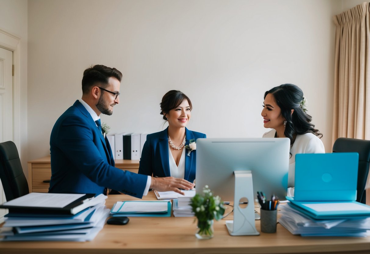 A wedding coordinator in the UK sits at a desk surrounded by files and a computer, discussing pricing options with a couple