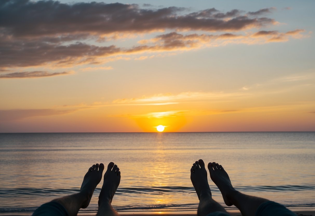 A sunset over a tranquil beach, with two sets of footprints leading towards the horizon, symbolizing the promise of a shared future