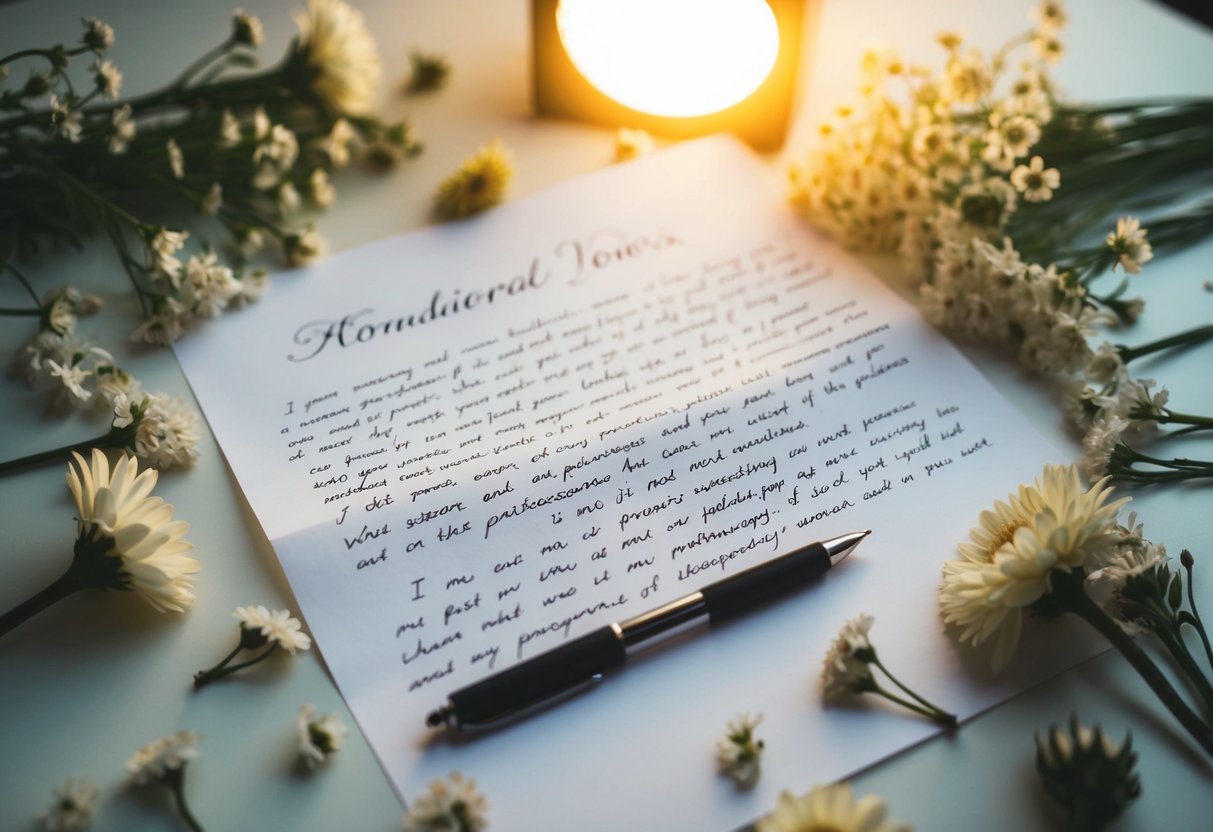 A person's handwritten vows laid out on a table, surrounded by scattered flowers and a pen, with a soft light illuminating the scene