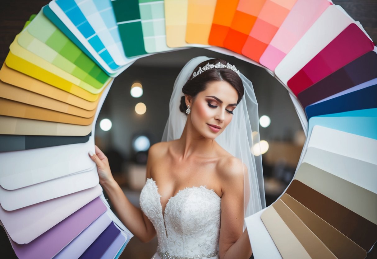 A bride surrounded by various color swatches, comparing and contemplating each one