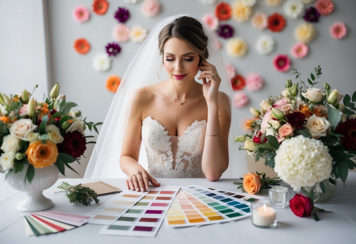 A bride surrounded by swatches, flowers, and decor, pondering colors for her wedding palette