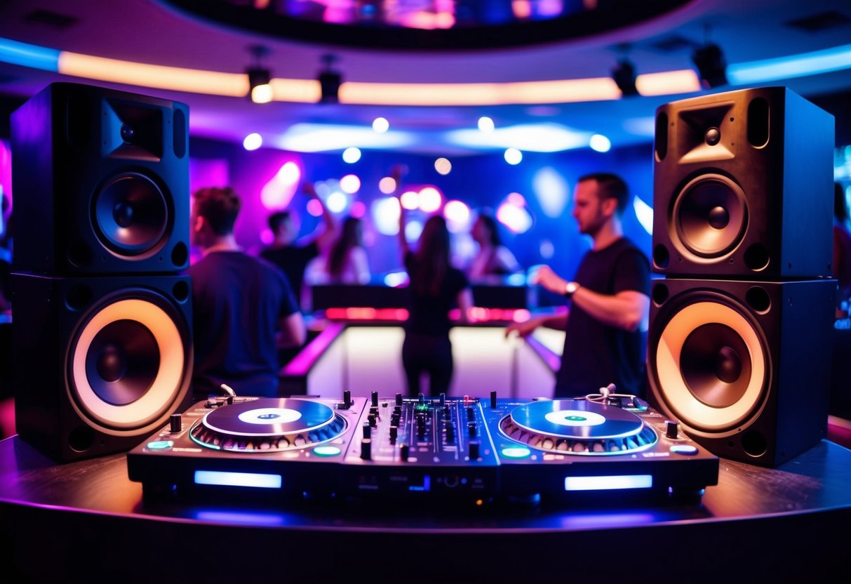 A DJ booth with a turntable, mixer, and speakers set up in a club. People dancing in the background
