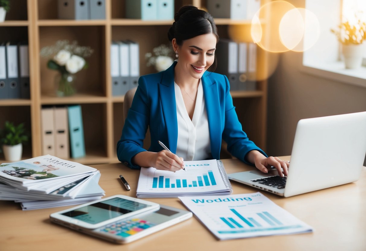 A wedding planner sits at a desk, surrounded by wedding magazines and a laptop. They are calculating expenses and income for the year