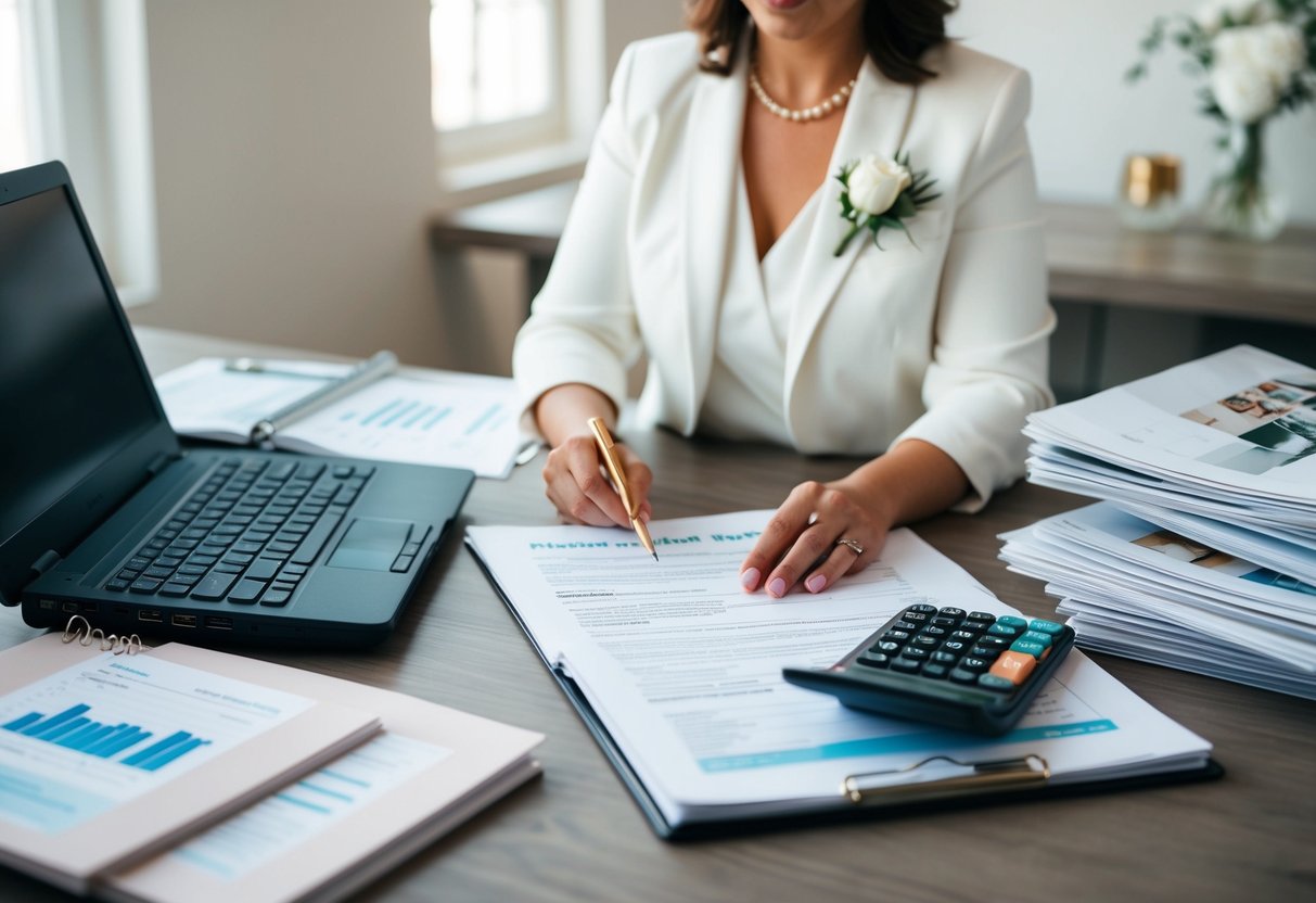 A wedding planner sitting at a desk, surrounded by wedding magazines, a laptop, and a calculator. They are reviewing financial documents and contracts