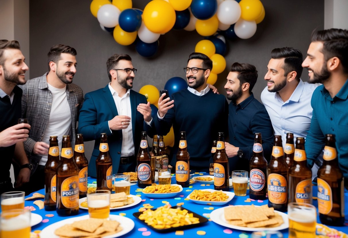A group of men gathered around a table covered in beer bottles, snacks, and party decorations. One man is holding a phone and gesturing excitedly while others listen attentively
