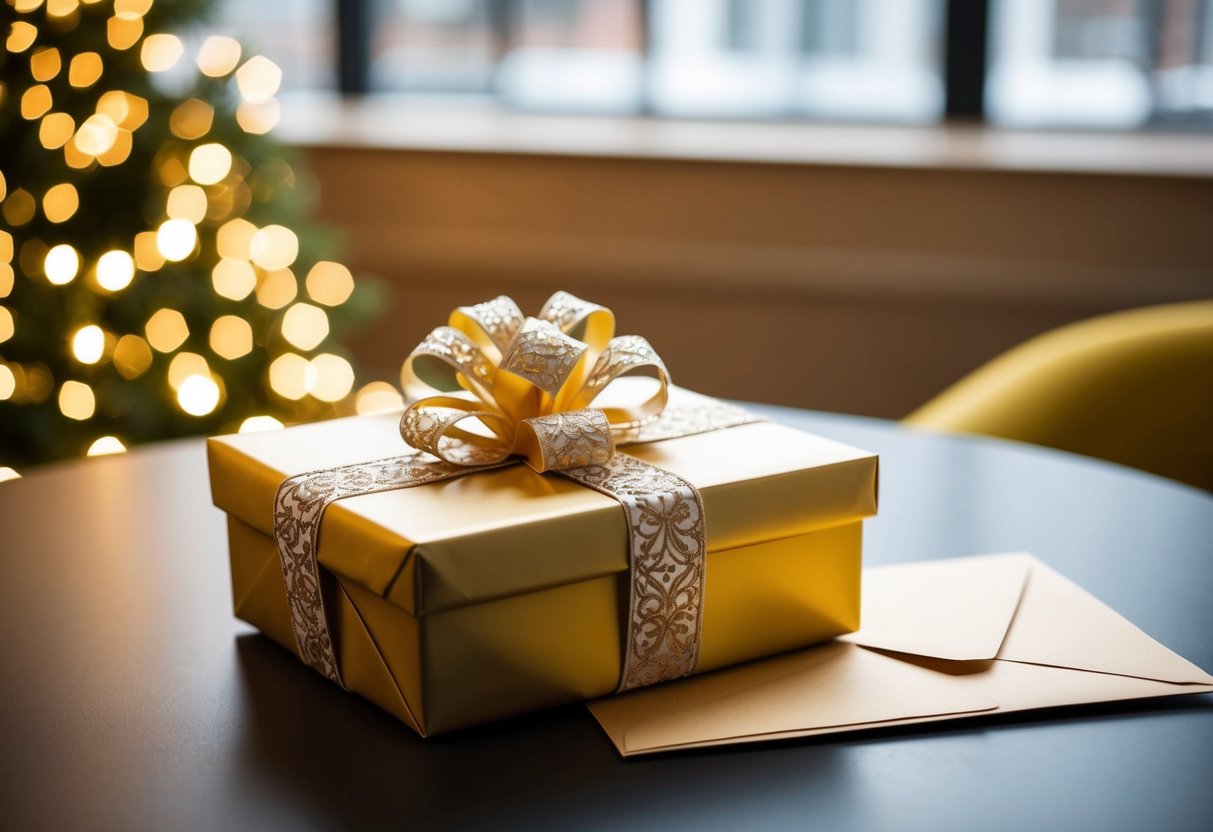 A beautifully wrapped gift box with a decorative bow sits on a table next to a card and envelope