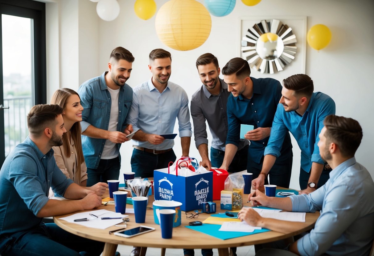 A group of friends gather around a table covered with bachelor party supplies, discussing and planning the details of the event
