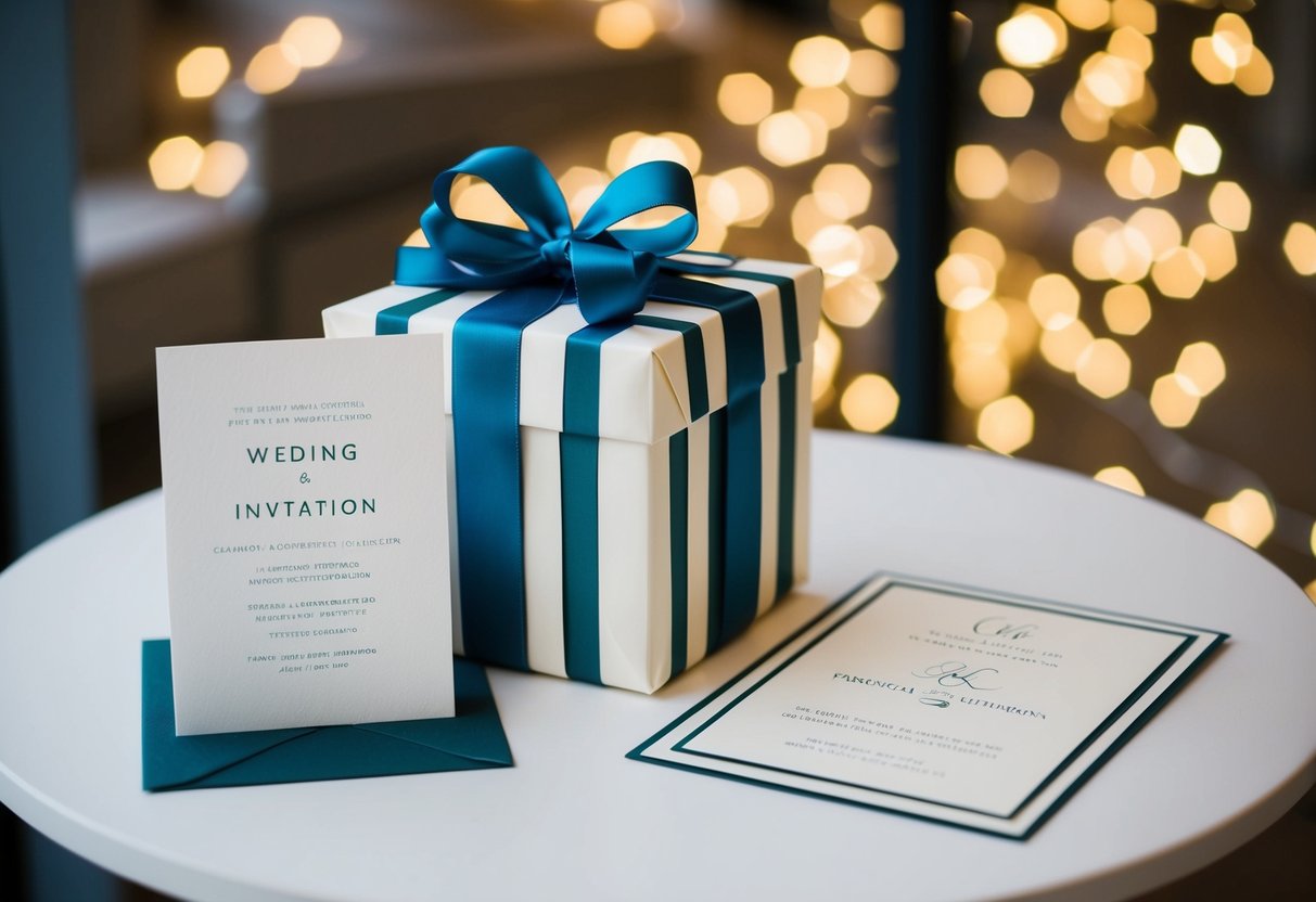 A beautifully wrapped gift box with a ribbon and a card placed on a table next to a wedding invitation