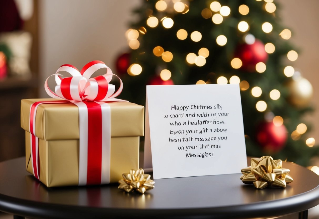 A beautifully wrapped gift box with a ribbon and bow sits on a table next to a card with a heartfelt message