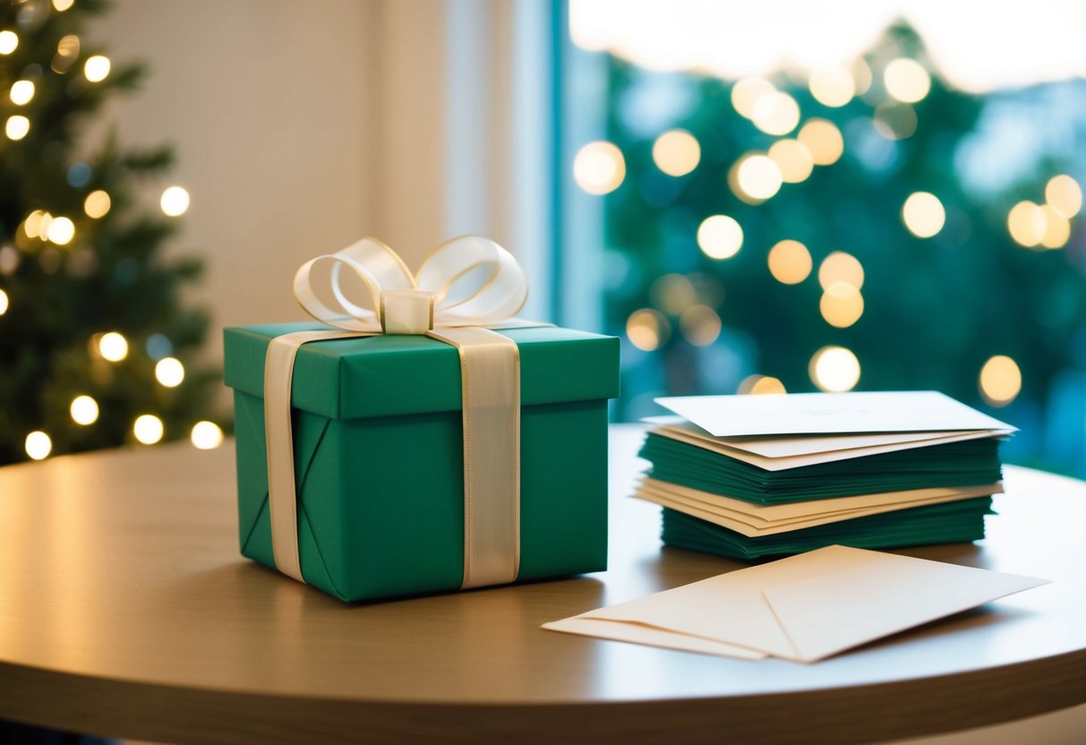A beautifully wrapped gift box with a ribbon and a card placed on a table next to a stack of envelopes