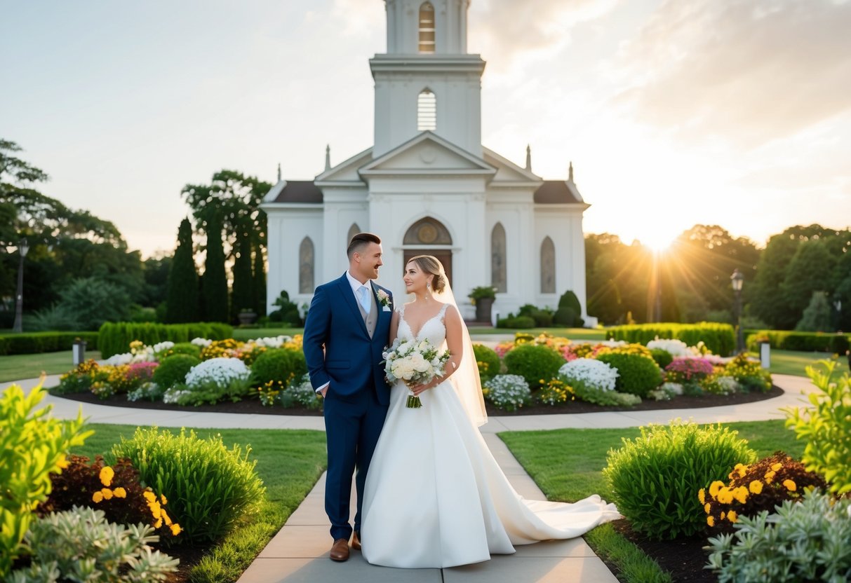 A wedding scene with a bride and groom standing in front of a grand church, surrounded by lush greenery and colorful flowers. The sun is setting, casting a warm glow over the scene