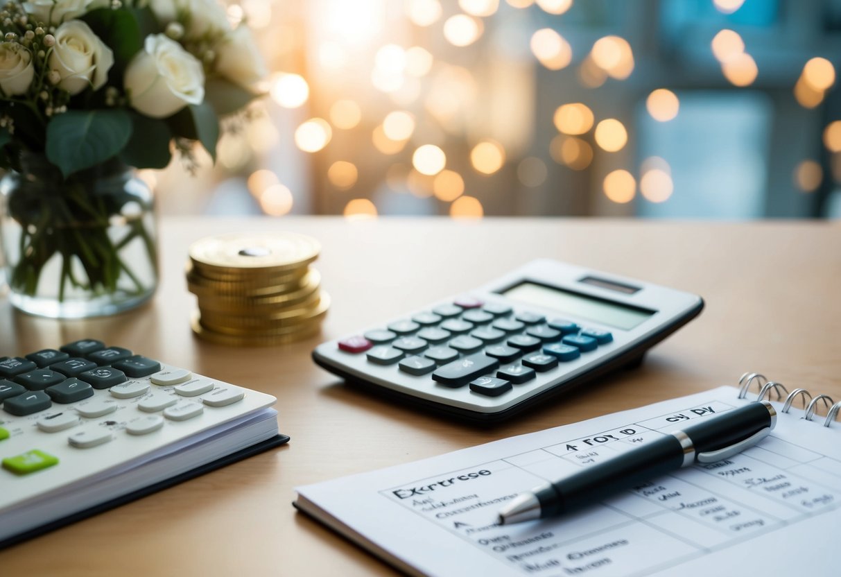 A table with various wedding expense categories, a calculator, and a notepad with budget calculations