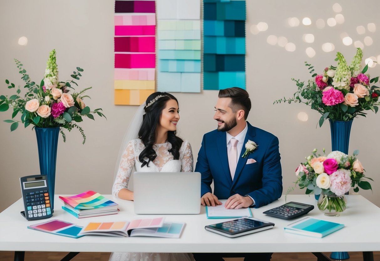 A couple sits at a table with wedding planning books, calculators, and a laptop, surrounded by colorful swatches and flower arrangements