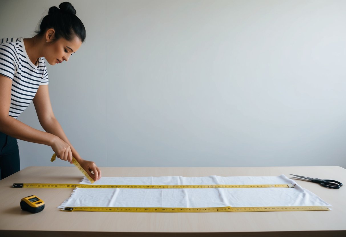 A person measures and cuts fabric for a backdrop against a blank wall. A tape measure and scissors are laid out nearby