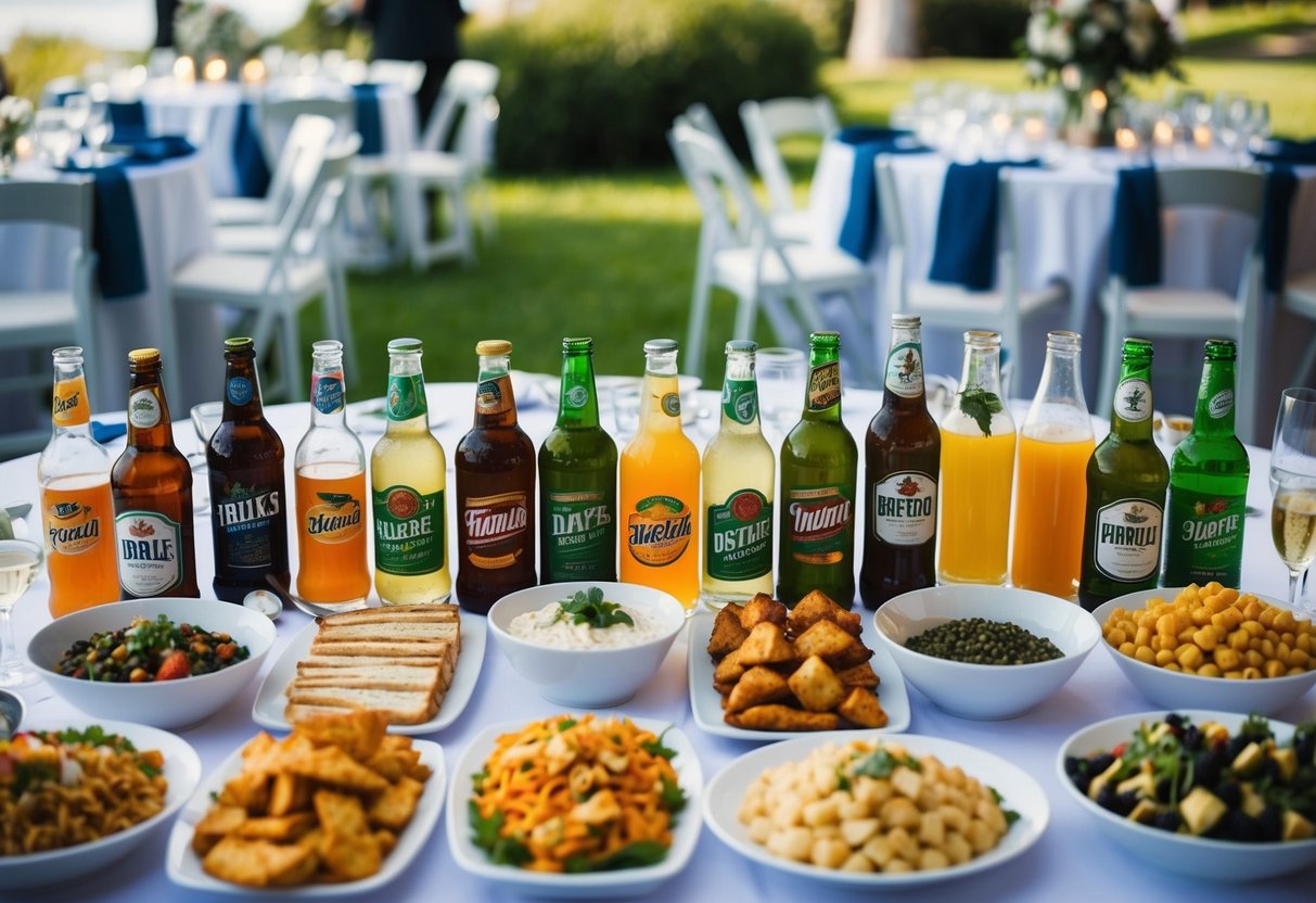 An array of drinks and beverages arranged alongside a variety of food options, with tables and chairs set up for a wedding celebration
