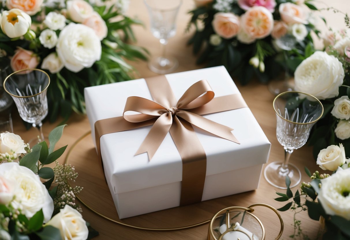 A beautifully wrapped gift box surrounded by elegant floral arrangements and wedding decor