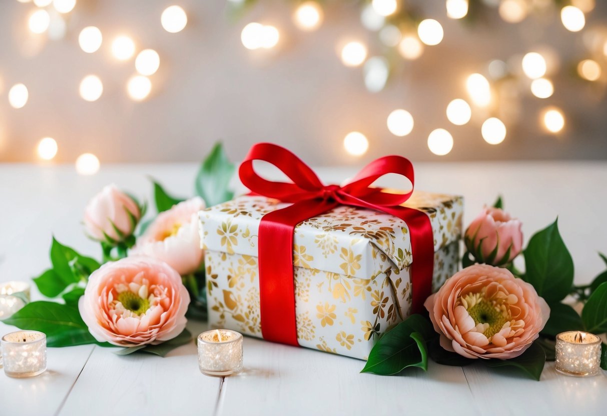 A beautifully wrapped gift box surrounded by elegant floral decorations and a romantic ambiance