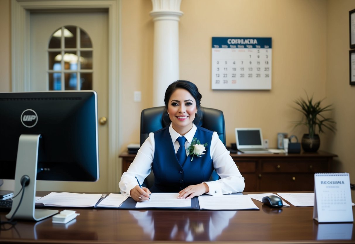 A wedding registrar sitting behind a desk in a government office, with a computer, paperwork, and a calendar on the wall