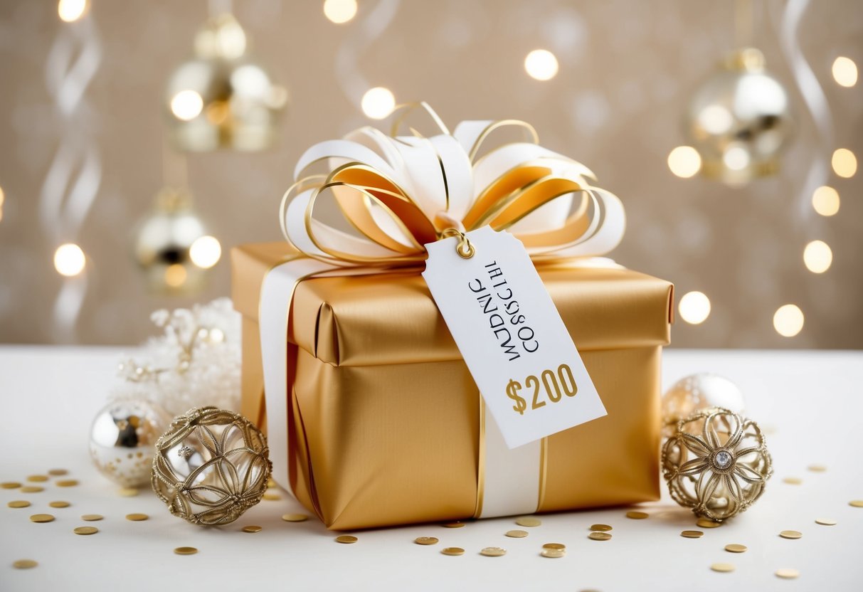 A beautifully wrapped wedding gift surrounded by elegant decorations and a price tag of $200