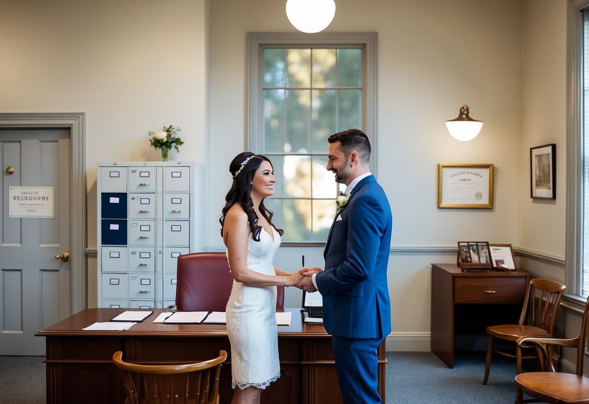 A registrar's office with a desk, chairs, and a filing cabinet, with a couple standing in front of the registrar exchanging wedding vows