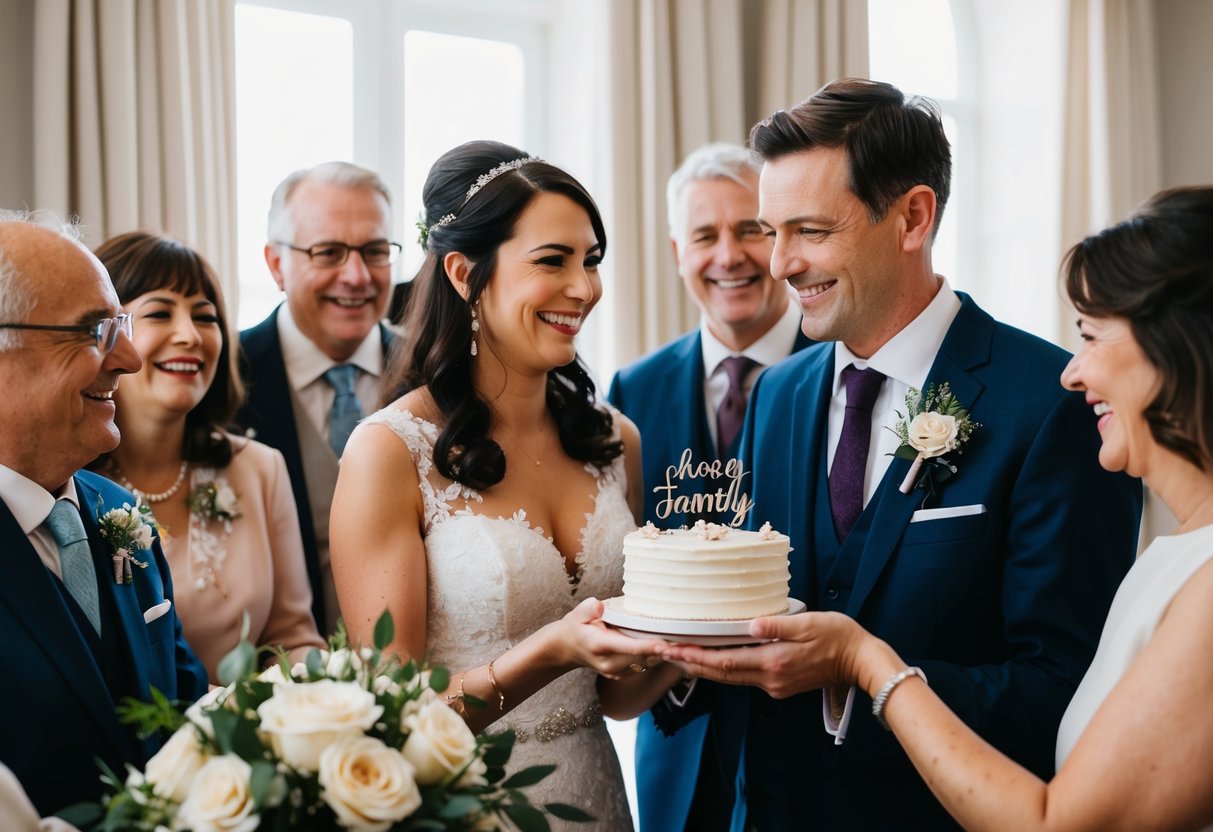 A couple holds a small wedding cake with a few close family members gathered around, smiling and celebrating in an intimate setting