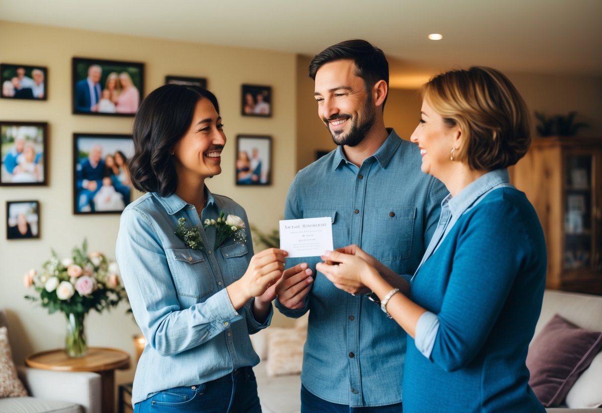A couple stands in a cozy living room, surrounded by family photos and flowers. They hold a small wedding invitation, smiling as they share the news with their loved ones