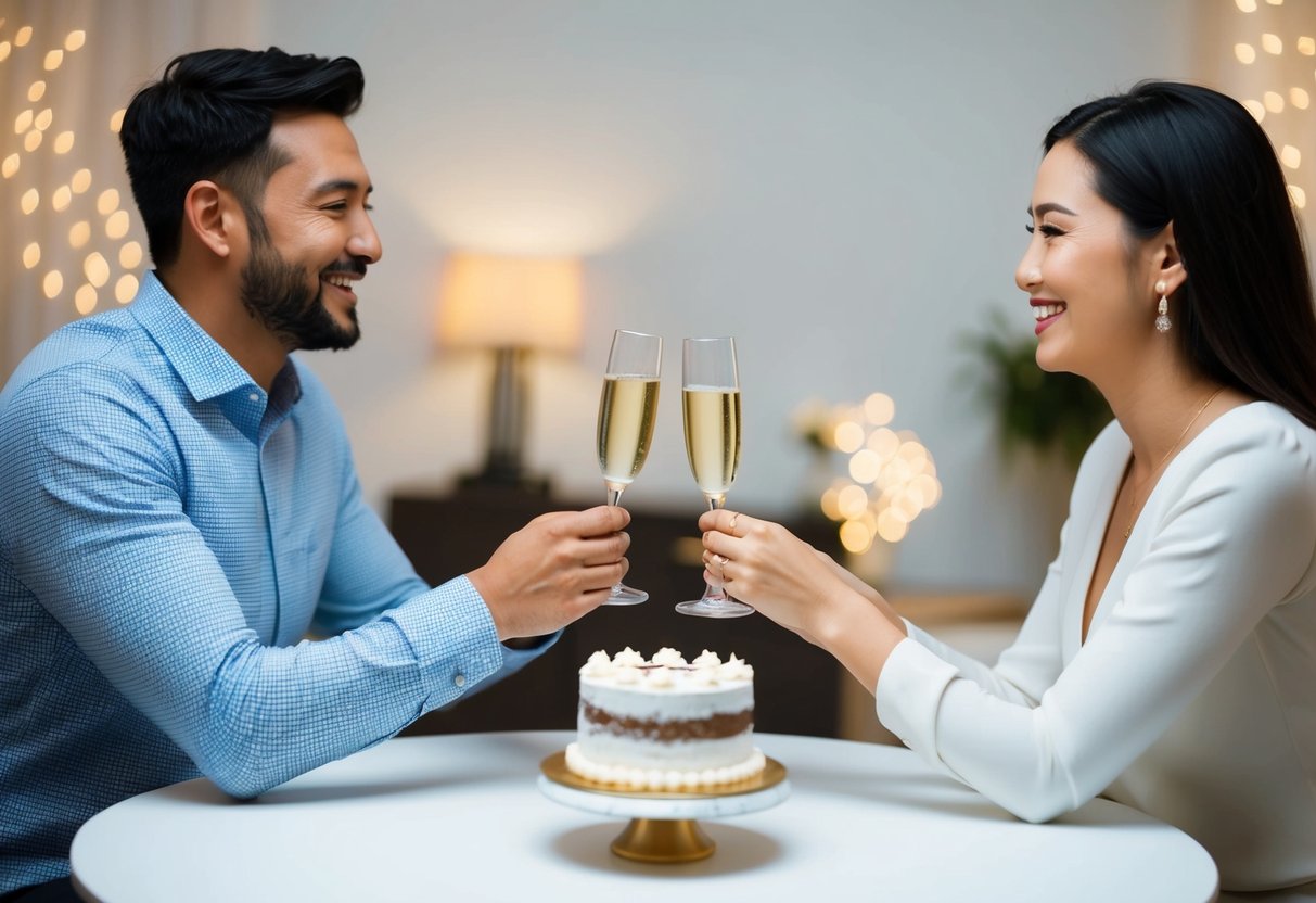 A couple sits at a table with a small wedding cake and champagne. They hold hands and smile as they share the news with their family through a video call