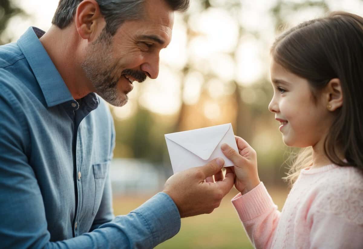 A father placing a small envelope into his daughter's hand