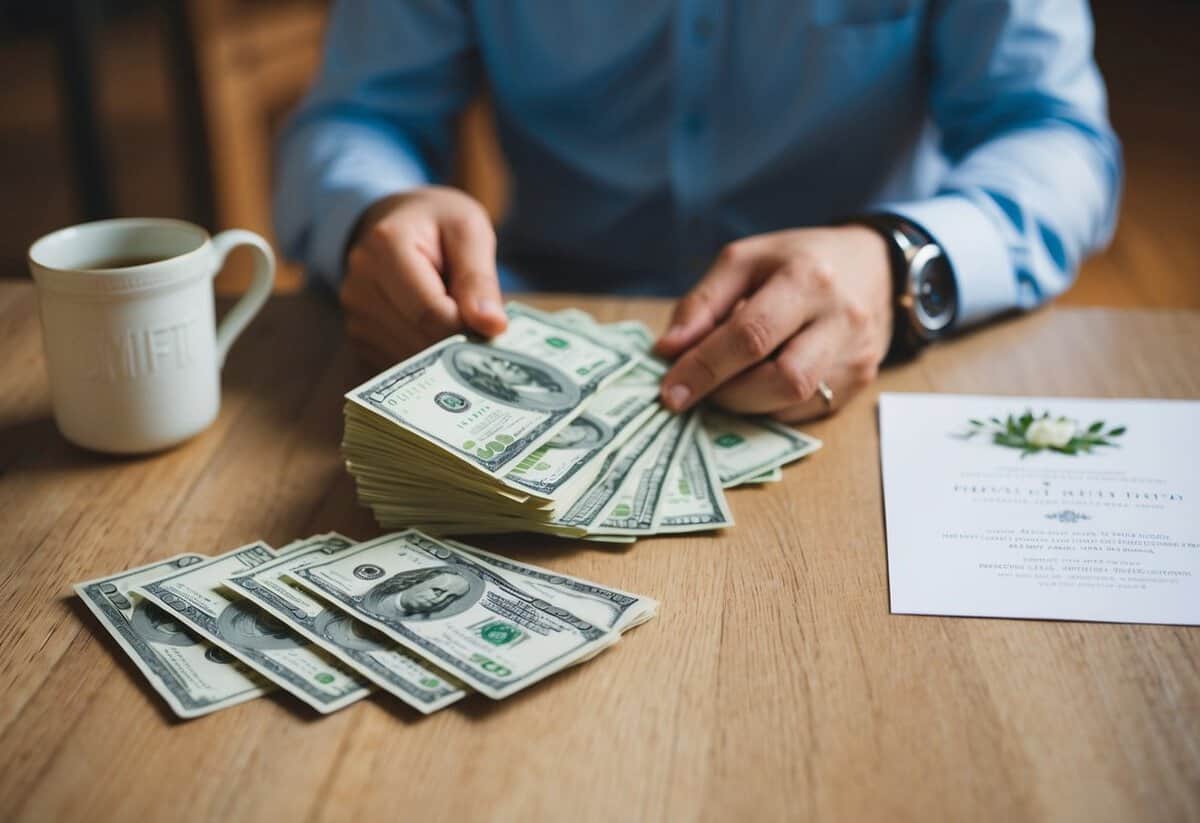A table with a pile of cash and a wedding invitation. A thoughtful person pondering over the amount to give as a gift