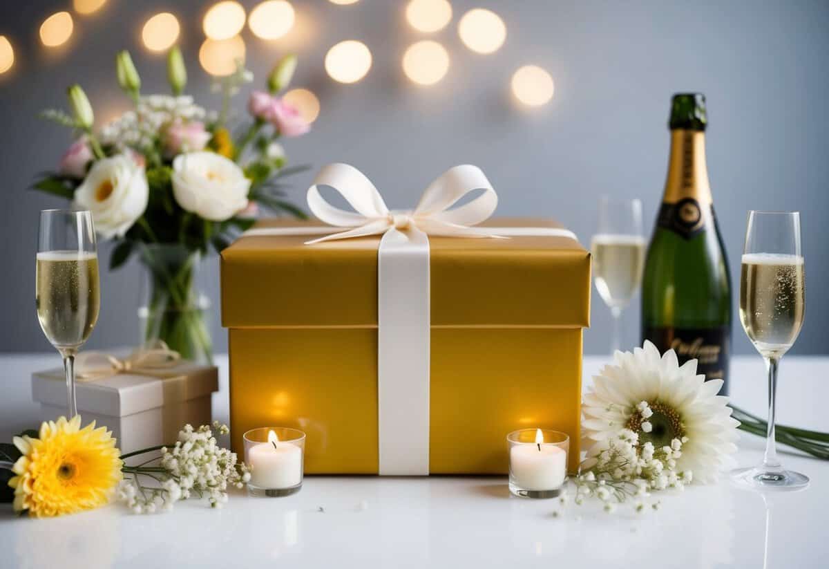 A beautifully wrapped gift box with a ribbon and bow, surrounded by various wedding-themed items such as flowers, champagne glasses, and a wedding cake