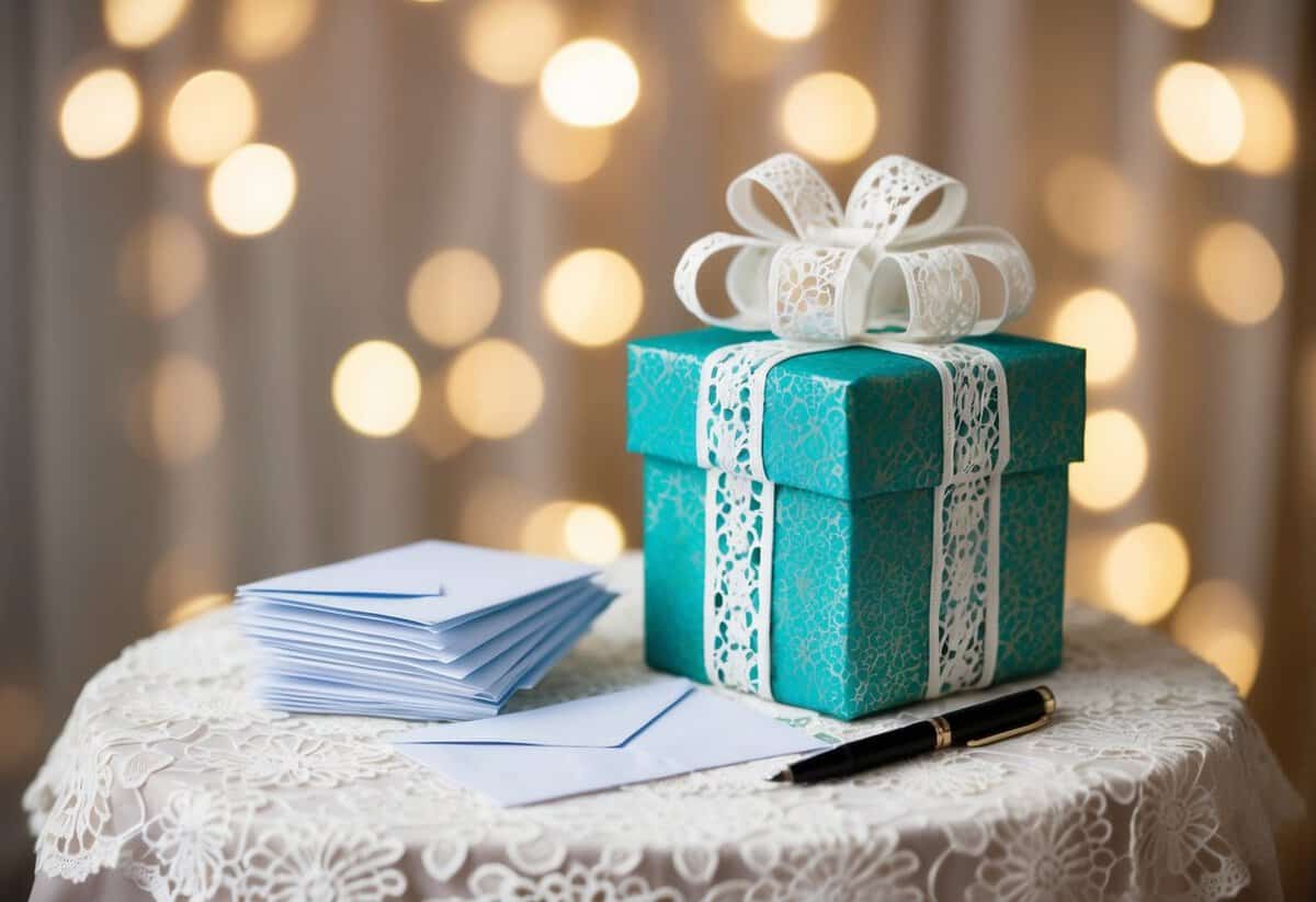 A gift table adorned with a delicate lace tablecloth and a decorative box for cash gifts. A stack of envelopes and a pen sit nearby