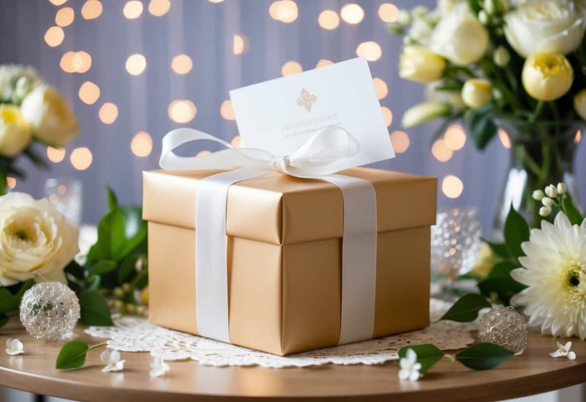 A beautifully wrapped gift box with a ribbon and a card on a table surrounded by flowers and wedding decorations