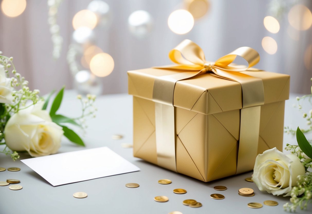 A beautifully wrapped gift box surrounded by elegant wedding decor and a card