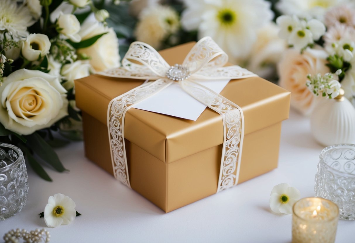A beautifully wrapped gift box with a decorative bow and a card tucked underneath, surrounded by elegant wedding decor and flowers