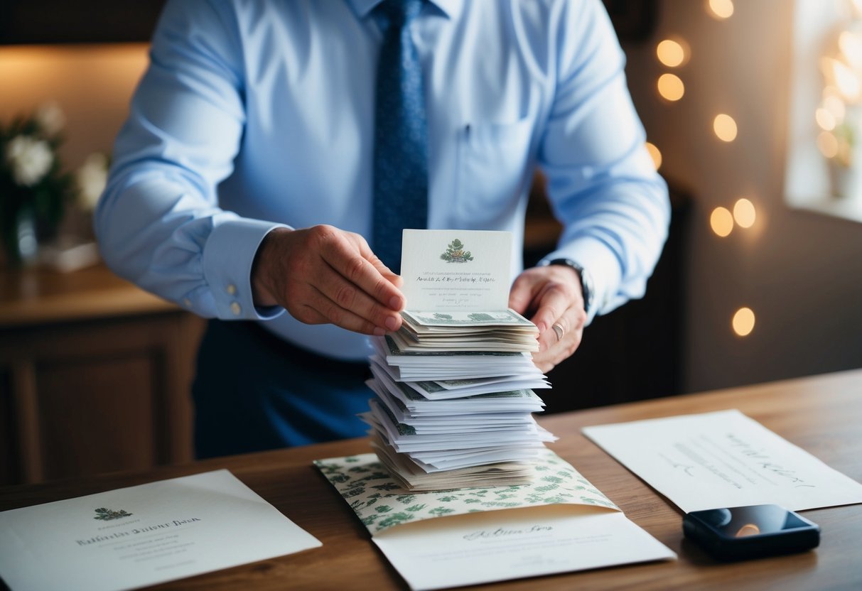 A father placing a stack of bills in a decorative envelope, with a wedding invitation and a smile on his face
