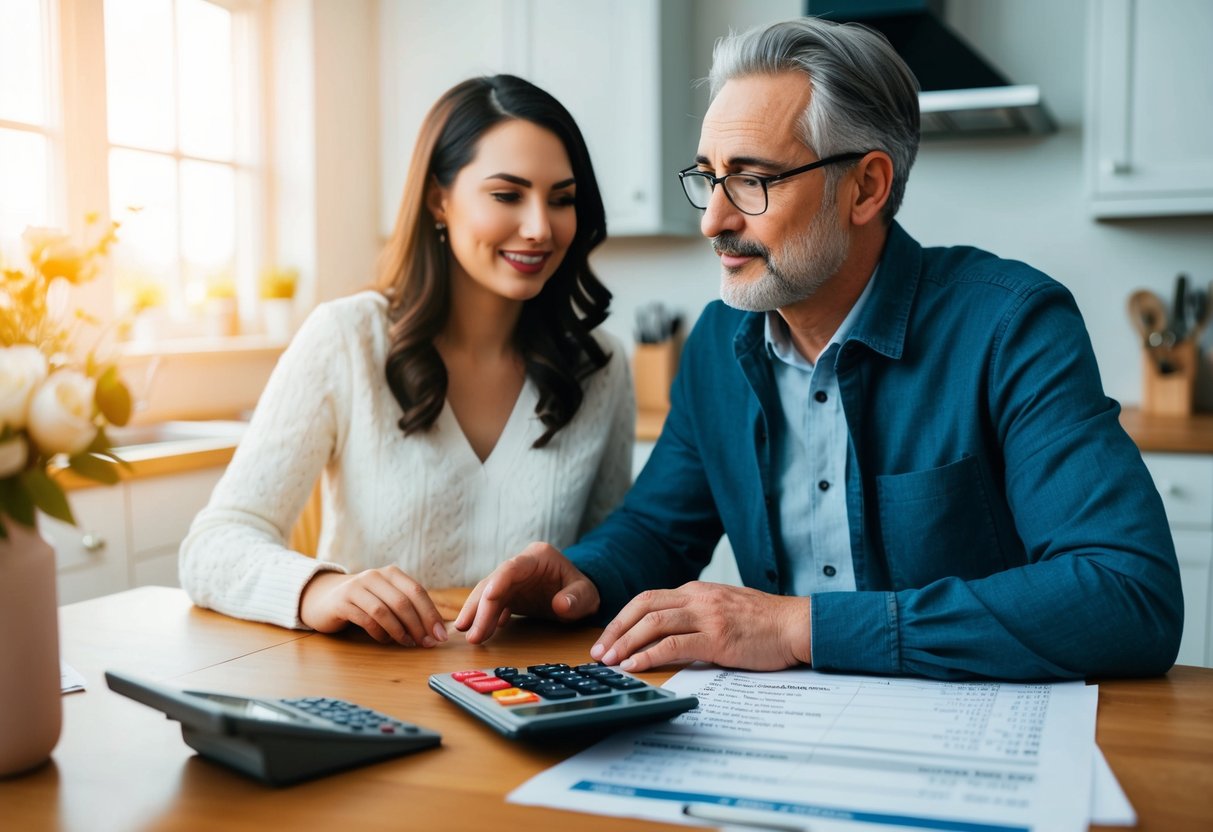 A parent and daughter discussing wedding finances at a cozy kitchen table, with a calculator and budget spreadsheet in front of them