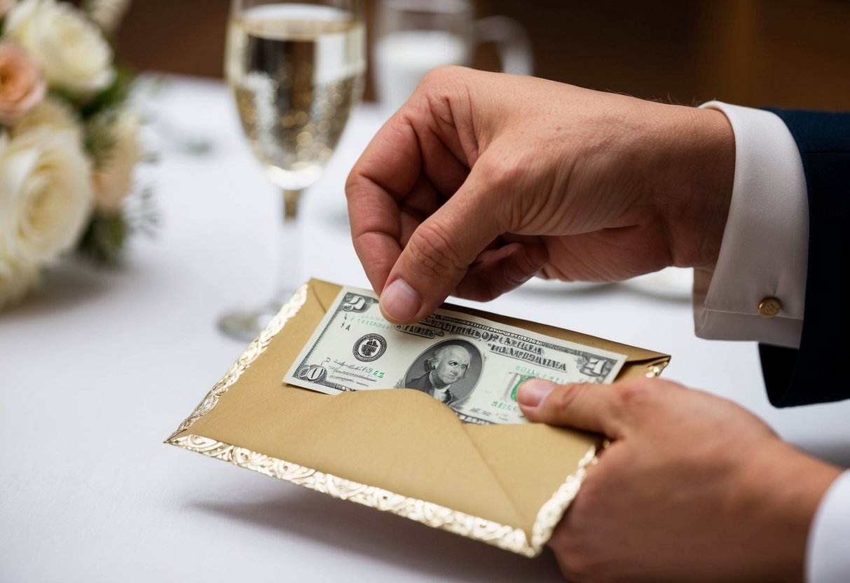 A hand placing cash into a decorative wedding envelope