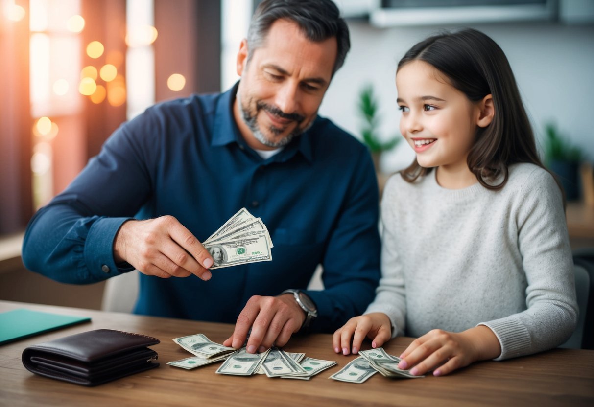 A father counting out bills from a wallet, while his daughter looks on with a hopeful smile