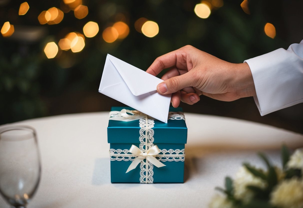 A figure placing a gift envelope into a decorative wedding box